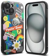 iPhone 15 Plus Case | Onyx Design - Black phone case covered in colorful, playful stickers including rainbows, flowers, and text.
