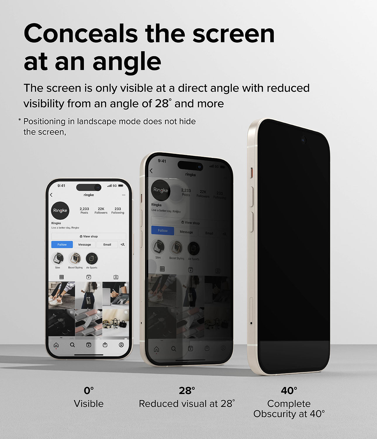 iPhone 15 Plus Screen Protector | Privacy Glass - Conceals the scree at an angle. The screen is only visible at a direct angle with reduced visibility from an angle of 28 degrees and more. Positioning in landscape mode does not hide the screen.
