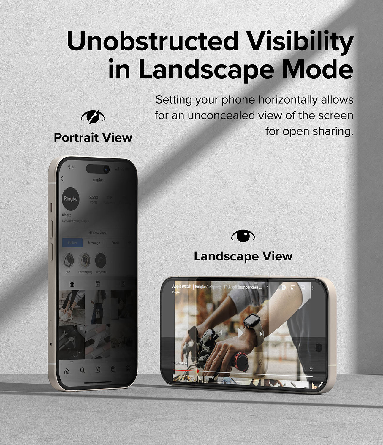 iPhone 15 Plus Screen Protector | Privacy Glass - Unobstructed Visibility in Landscape Mode. Setting your phone horizontally allows for an unconcealed view of the screen for open sharing. 