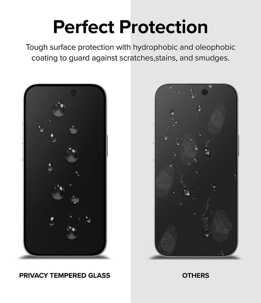 iPhone 15 Plus Screen Protector | Privacy Glass - Perfect Protection. Tough surface protection with hydrophobic and oleophobic coating to guard against scratches, stains, and smudges.