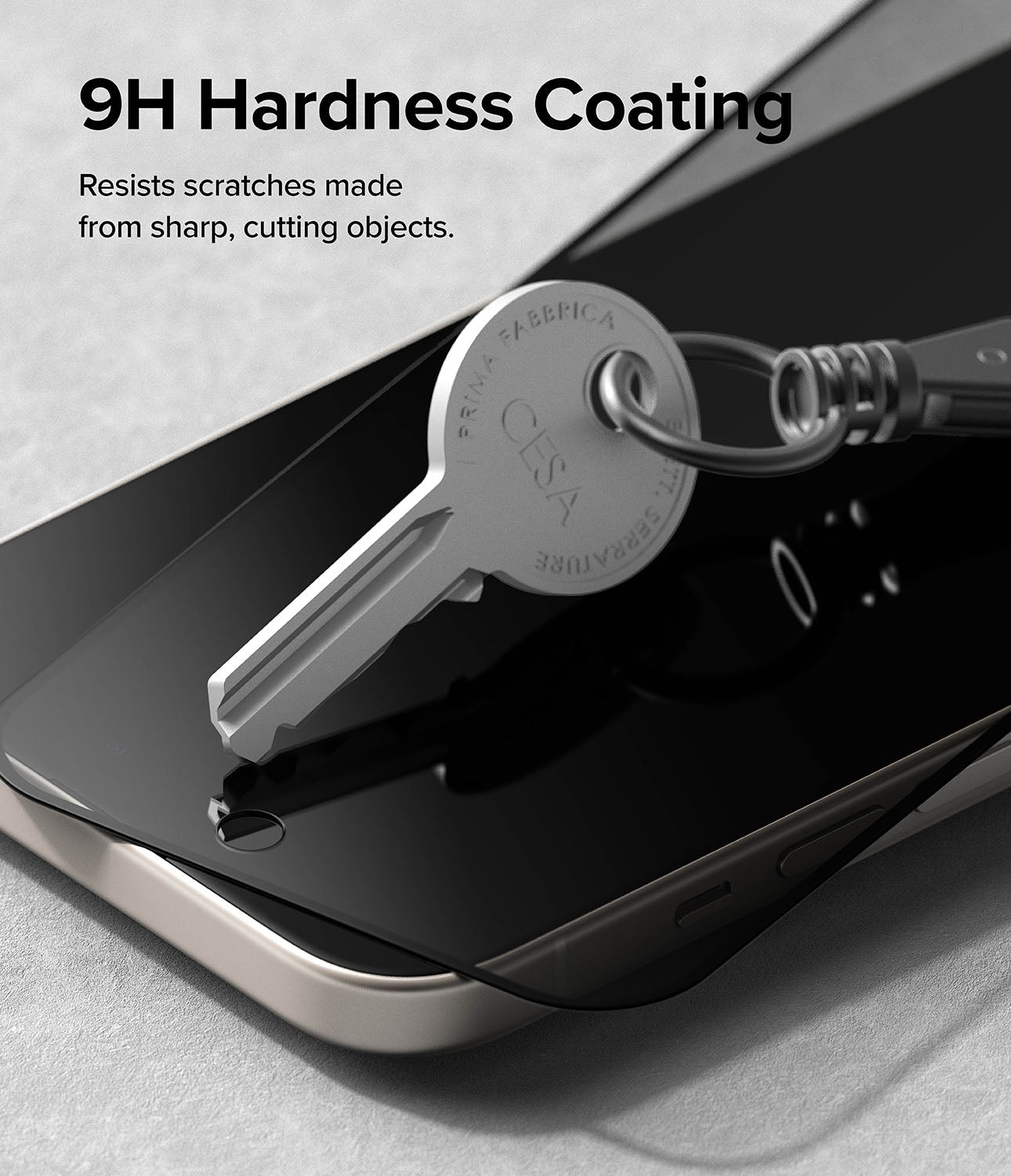 iPhone 15 Plus Screen Protector | Privacy Glass - 9H Hardness Coating. Resists scratches made from sharp, cutting objects.