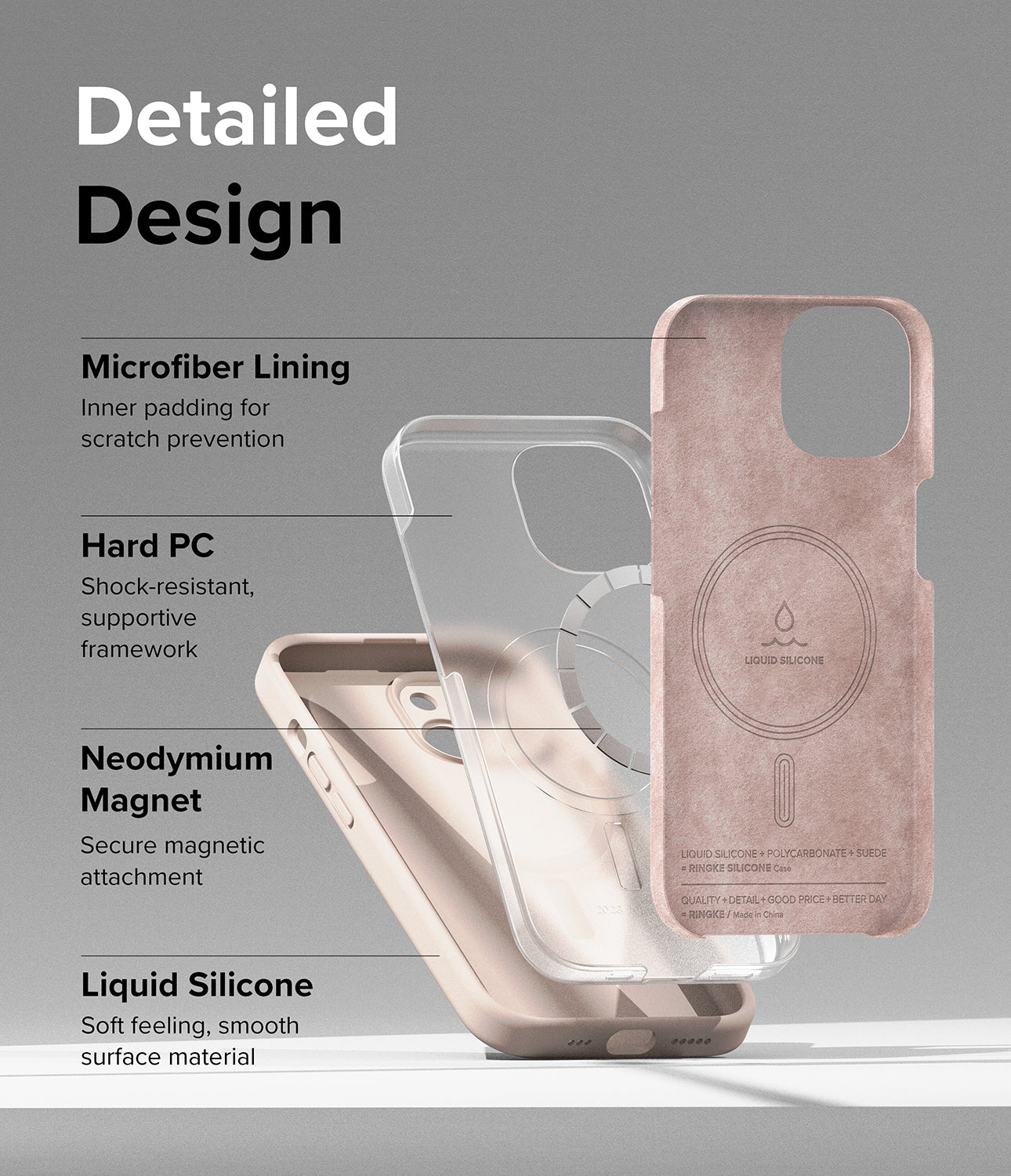iPhone 15 Plus Case | Silicone Magnetic - Detailed Design. Microfiber Lining. Inner Padding for scratch prevention. Hard PC. Shock-resistant, supportive framework. Secure Neodymium Magnet attachment. Liquid Silicone. Soft feeling, smooth surface material.