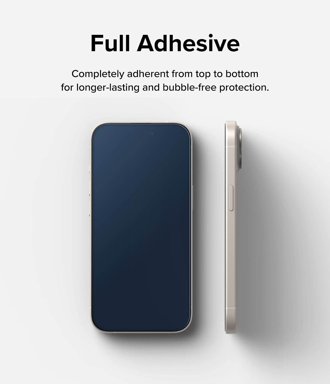 iPhone 15 Plus Screen Protector | Full Cover Glass - Full Adhesive. Completely adherent from top to bottom for longer-lasting and bubble-free protection.