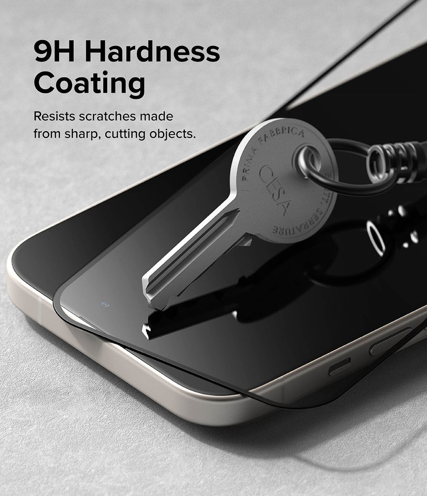 iPhone 15 Plus Screen Protector | Full Cover Glass - 9H Hardness Coating. Resists scratches made from sharp, cutting objects.