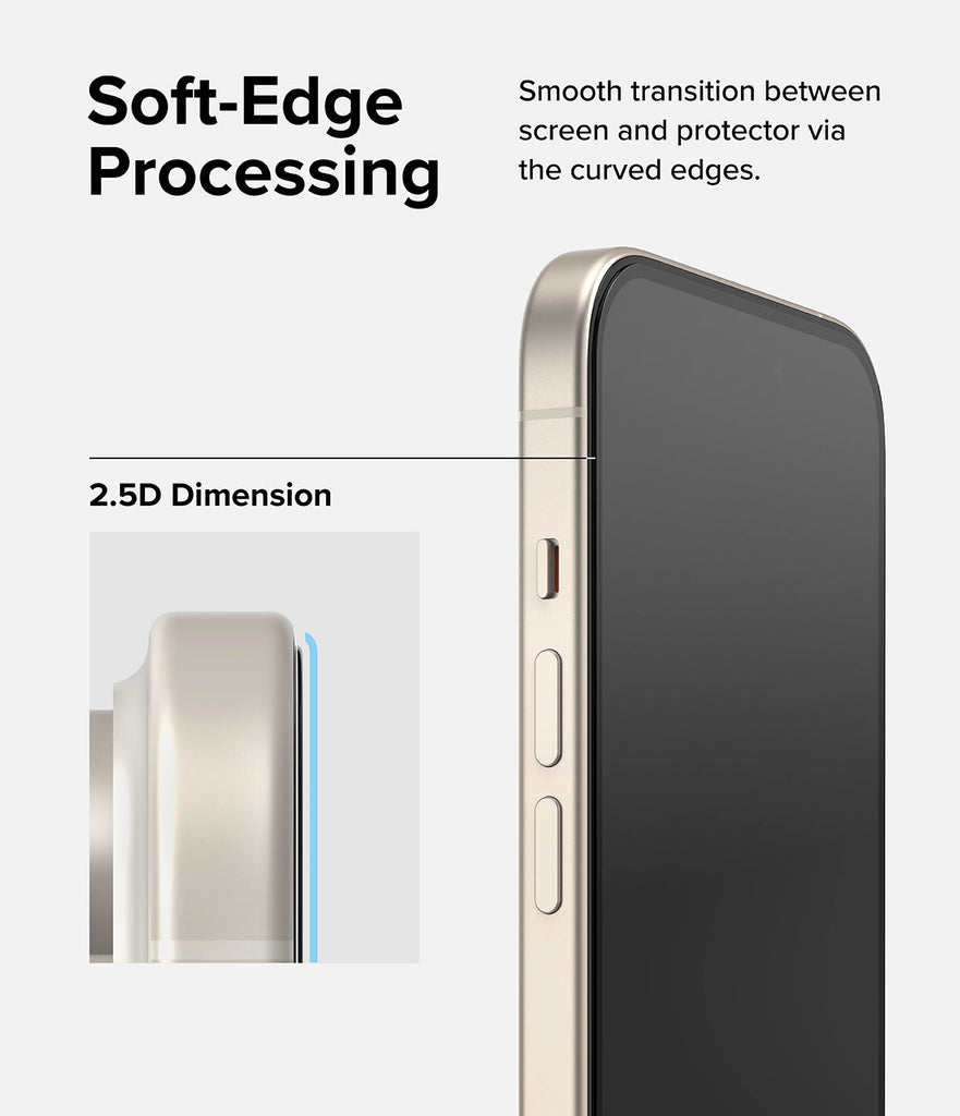 iPhone 15 Plus Screen Protector | Full Cover Glass - Soft-Edge Processing. Smooth transition between screen and protector via the curved edges.