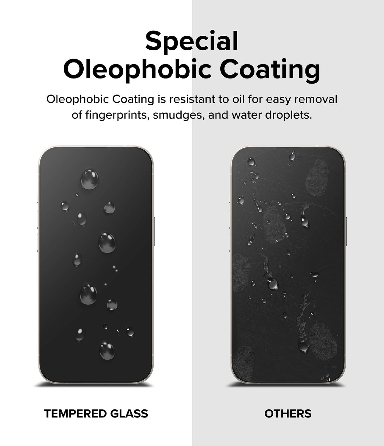 iPhone 15 Plus Screen Protector | Full Cover Glass - Special Oleophobic Coating. Oleophobic coating is resistant to oil for easy removal of fingerprints, smudges, and droplets.