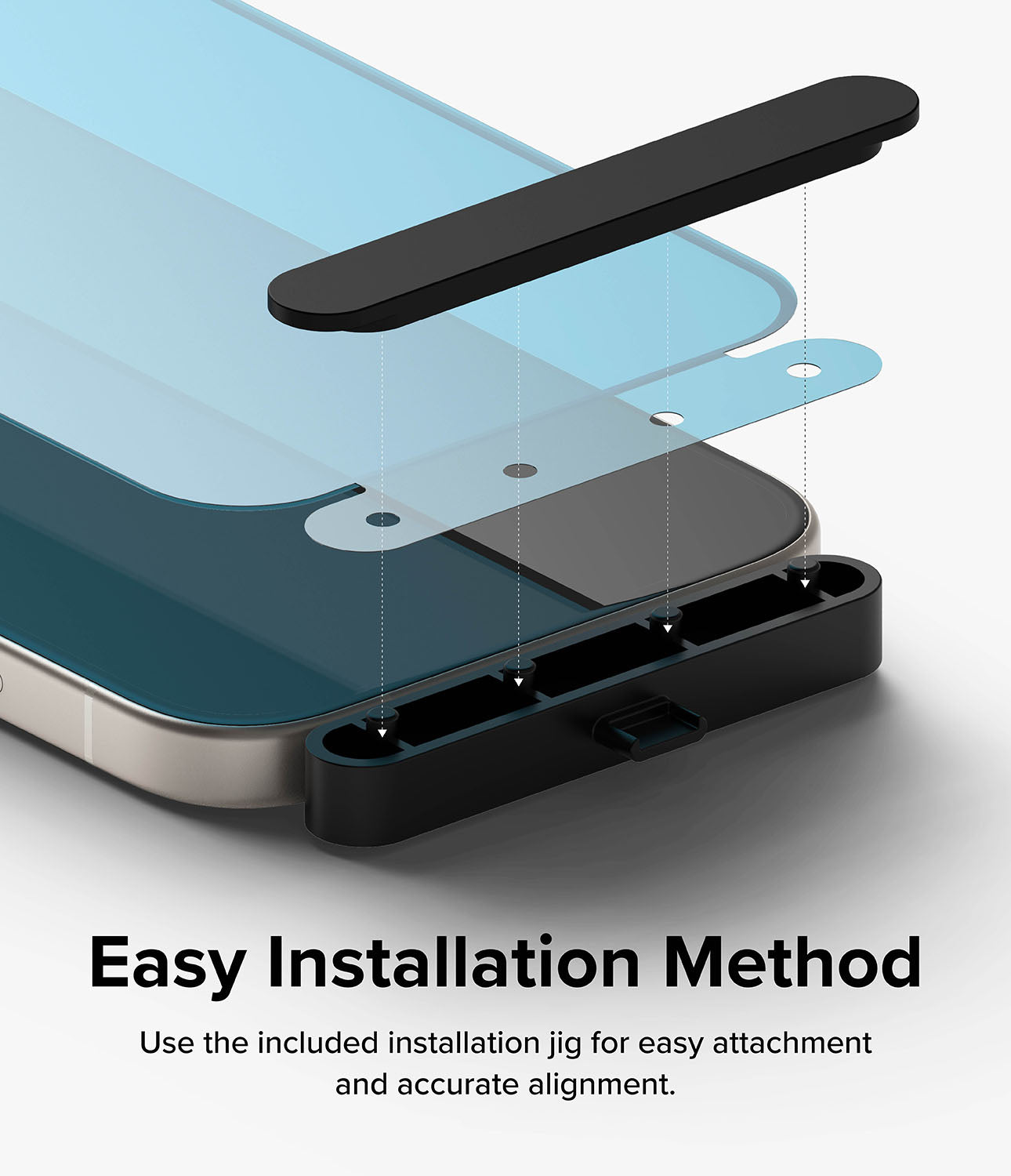iPhone 15 Plus Screen Protector | Full Cover Glass - Easy Installation Method. Use the included installation jig for easy attachment and accurate alignment.