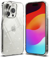 iPhone 15 Pro Case | Air - Clear, glitter-infused protective case shown from the back and front on an iPhone 15 Pro.