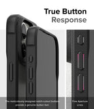 iPhone 15 Pro Case | Fusion Bold - Matte/Black - True Button Response. The meticulously designed notch-cutout buttons provide a genuine button feel. Fine Aperture Lines.