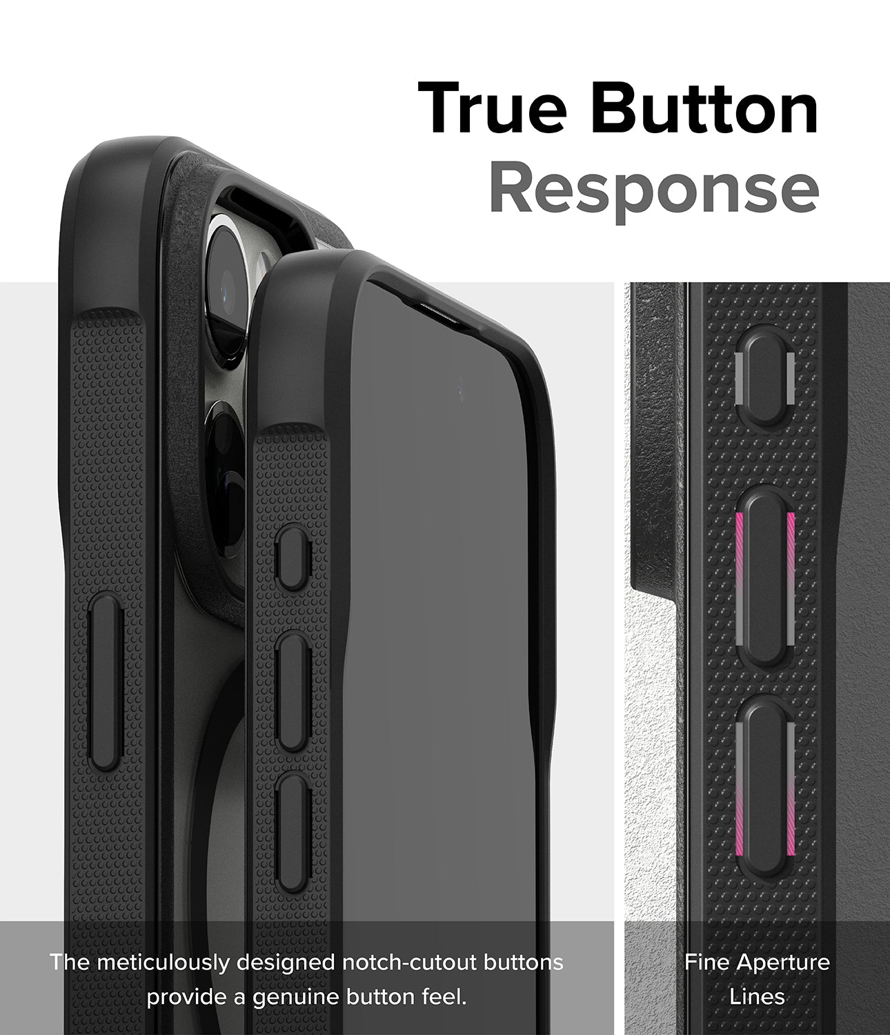 iPhone 15 Pro Case | Fusion Bold Magnetic - True Button Response. The meticulously designed notch-cutout buttons provide a genuine button feel. Fine Aperture Lines.