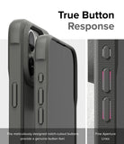 iPhone 15 Pro Case | Fusion Bold - Matte/Gray - True Button Response. The meticulously designed notch-cutout buttons provide a genuine button feel. Fine Aperture Lines.
