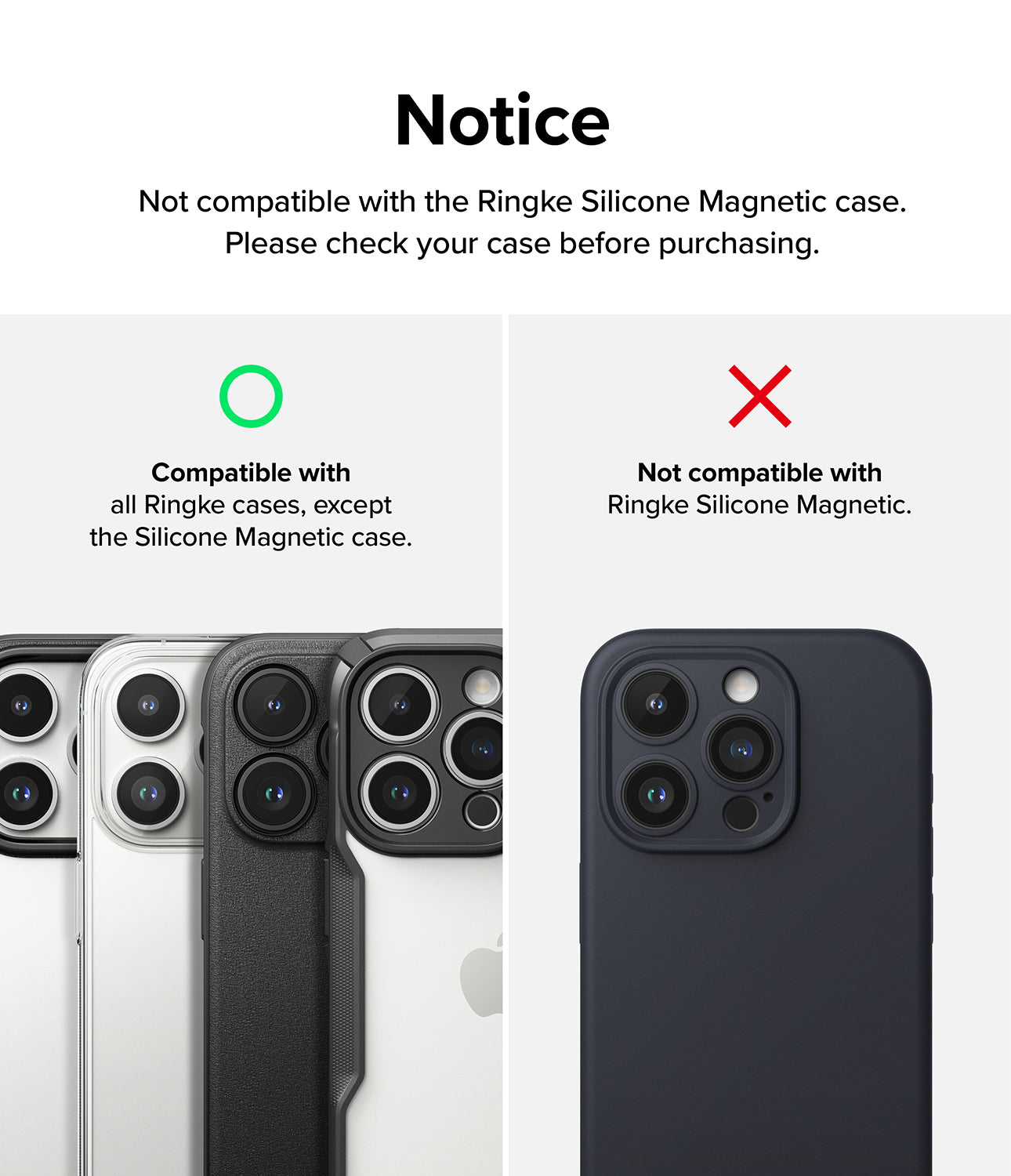 iPhone 15 Pro | Camera Lens Frame Glass - Notice. Not compatible with the Ringke Silicone Magnetic case. Please check your case before purchasing.