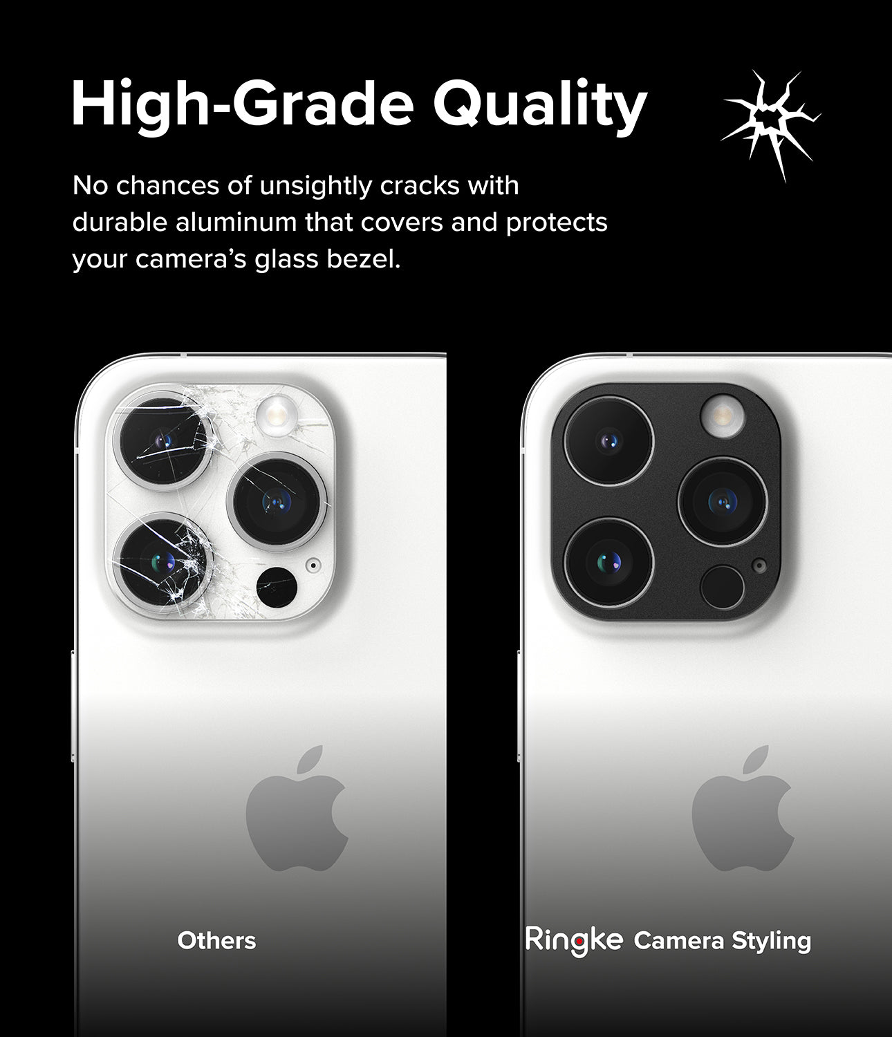 iPhone 15 Pro Max / 15 Pro | Kiểu dáng máy ảnh - Chất lượng cao cấp. Không có khả năng xảy ra các vết nứt khó coi nhờ chất liệu nhôm bền bỉ bao phủ và bảo vệ khung viền kính máy ảnh của bạn.
