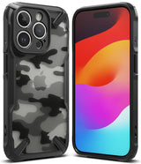 iPhone 15 Pro Max Case | Fusion-X - Black camouflage protective case with textured edges shown from front and back.