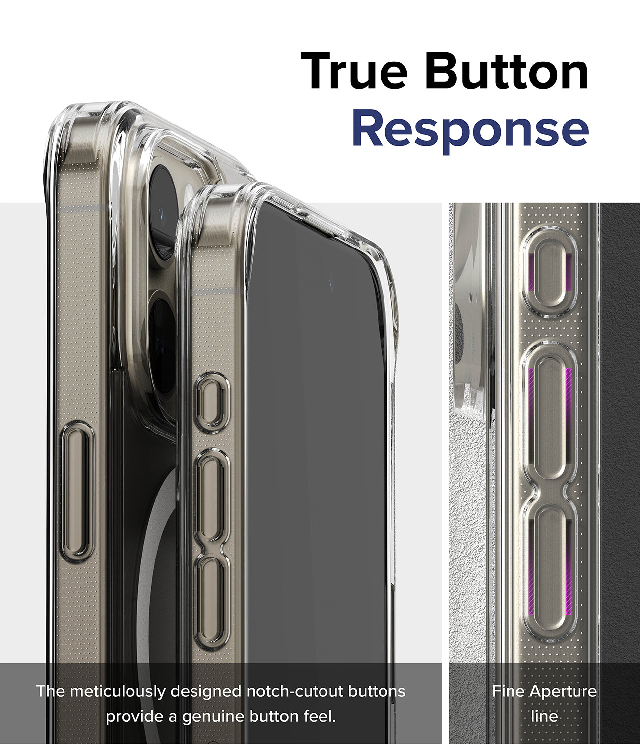 iPhone 15 Pro Case | Fusion Magnetic - True Button Response. The meticulously designed notch-cutout buttons provide a genuine button feel. Fine Aperture line.