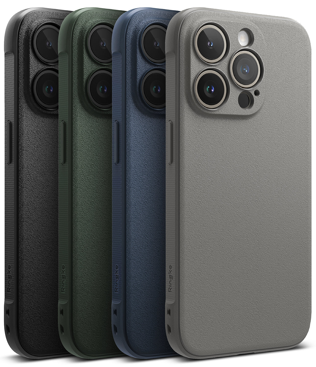 iPhone 15 Pro Case | Onyx - Four textured iPhone 15 Pro cases in black, green, blue, and gray arranged in a row.