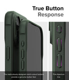 iPhone 15 Pro Case | Onyx - Dark Green - True Button Response. The meticulously designed notch-cutout buttons provide a genuine button feel. Fine Aperture Line.