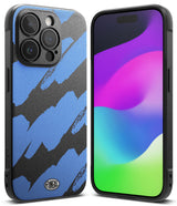 iPhone 15 Pro Max Case | Onyx Design - Phone case with blue and black brushstroke pattern and a colorful screen display.