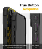 iPhone 15 Pro Case | Onyx Design - Checkerboard Yellow - True Button Response. The meticulously designed notch-cutout buttons provide a genuine button feel. Fine Aperture Line.