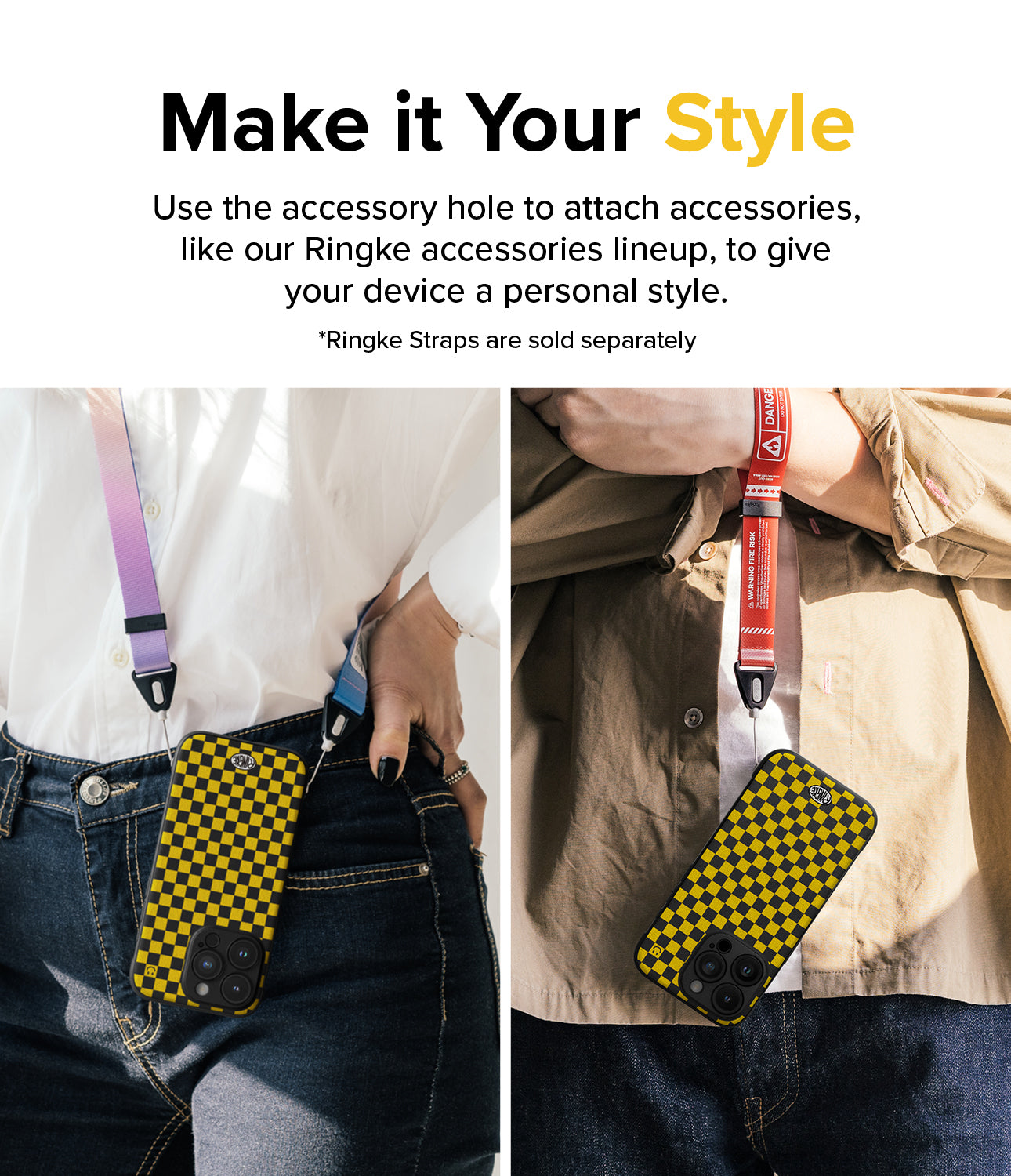 iPhone 15 Pro Case | Onyx Design - Checkerboard Yellow - Make it Your Style. Use the accessory hole to attach accessories, like our Ringke accessories lineup, to give your device a personal style.
