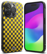 iPhone 15 Pro Max Case | Onyx Design - Yellow and black checkerboard phone case with a smiley face and Ringke logo.