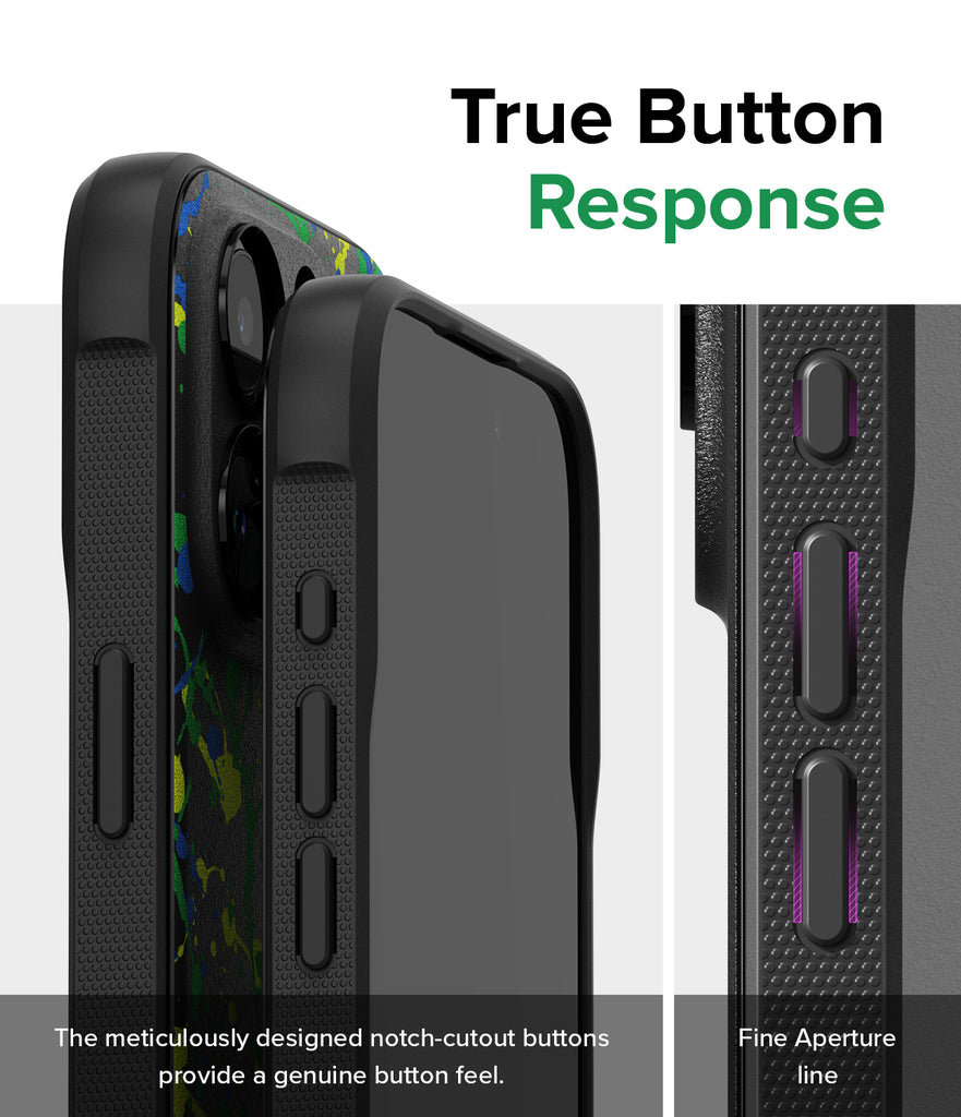 iPhone 15 Pro Case | Onyx Design - True Button Response. The meticulously designed notch-cutout buttons provide a genuine button feel