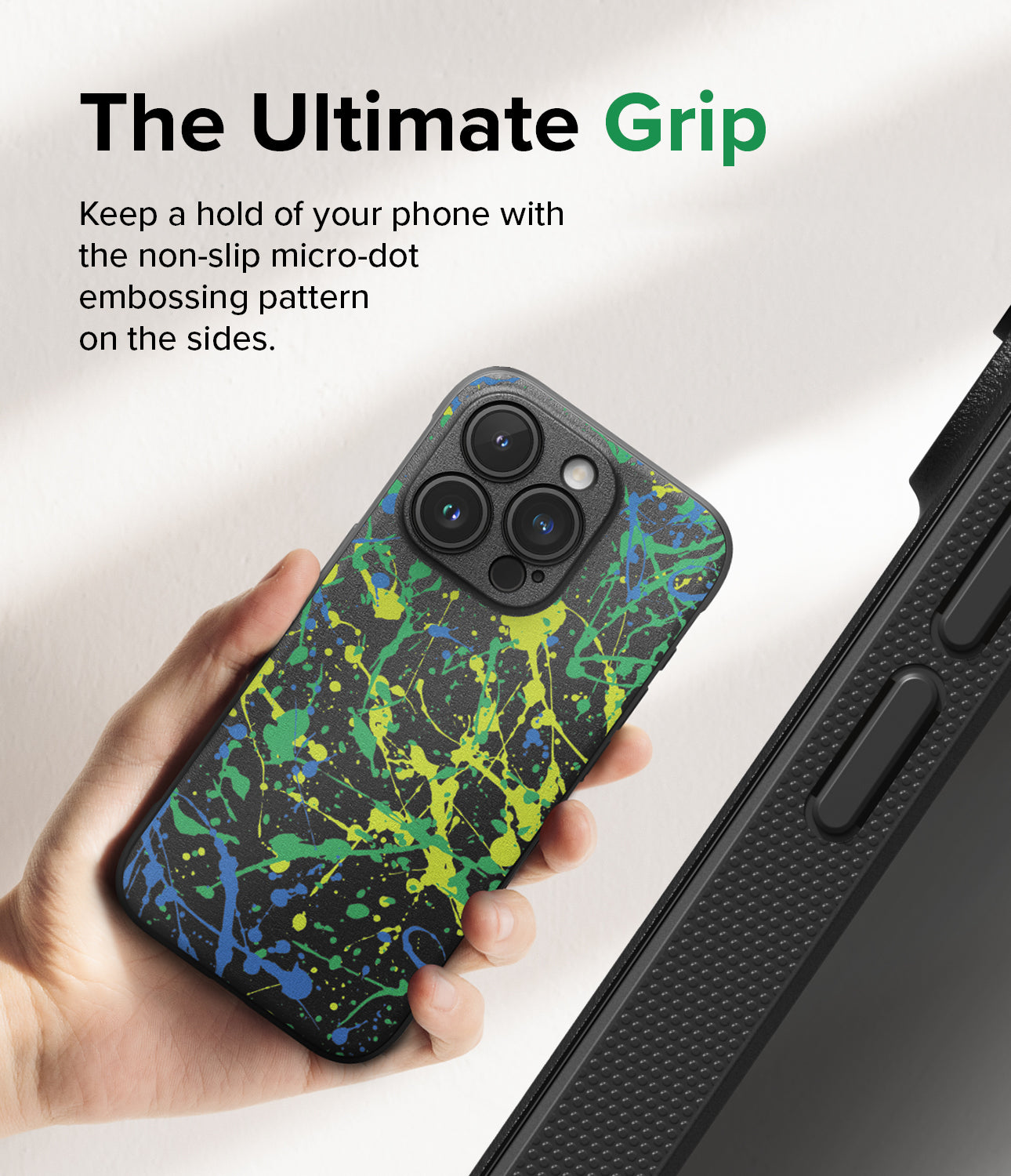 iPhone 15 Pro Case | Onyx Design - Action Painting - The Ultimate Grip. Keep a hold of your phone with the non-slip micro-dot embossing pattern on the sides.