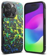 iPhone 15 Pro Max Case | Onyx Design - Black phone case with neon yellow, green, and blue paint splatter art on the back.