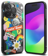 iPhone 15 Pro Max Case | Onyx Design - Black phone case covered in colorful, playful stickers with text and graphics.