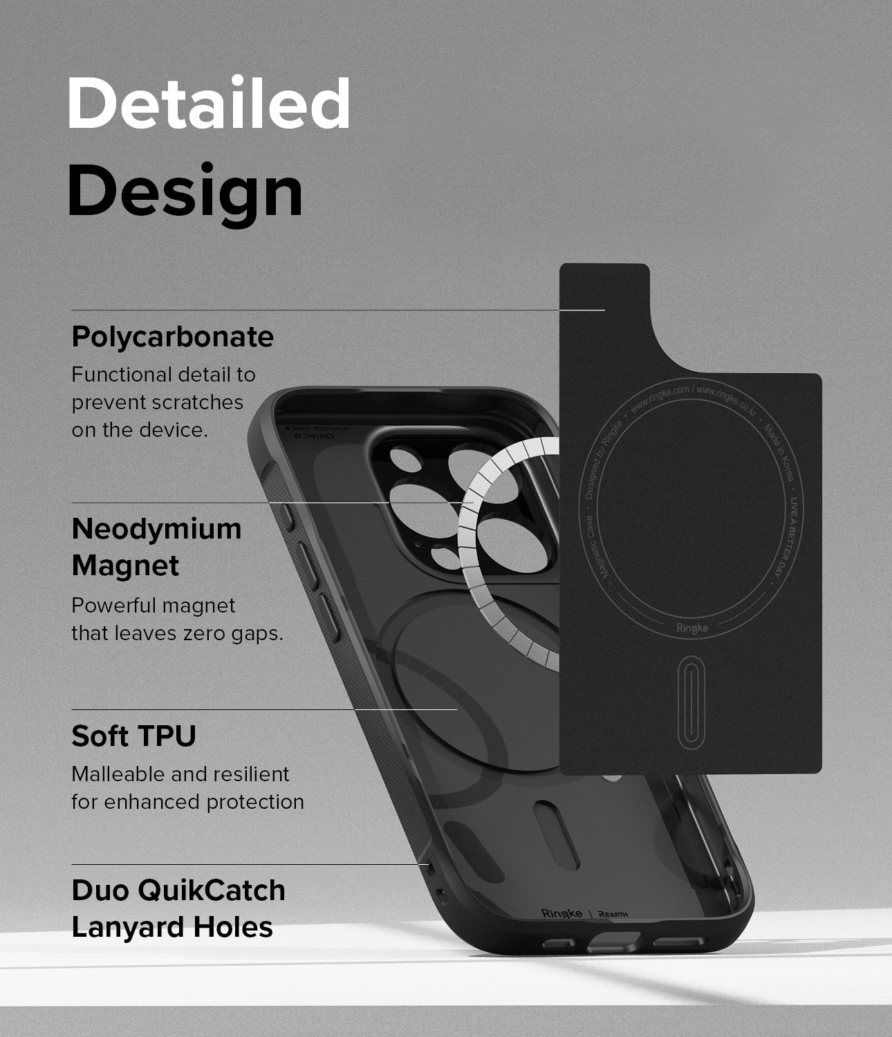iPhone 15 Pro Case | Onyx Magnetic - Detailed Design. Functional detail to prevent scratches on the device with Polycarbonate. Powerful Neodymium Magnet that leaves zero gap. Soft TPU for malleable and resilient for enhanced protection. Duo QuikCatch Lanyard Holes.