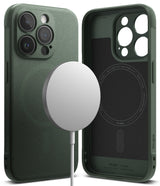 iPhone 15 Pro Case | Onyx Magnetic - Dark green textured phone case shown from back and inside with a magnetic charger.