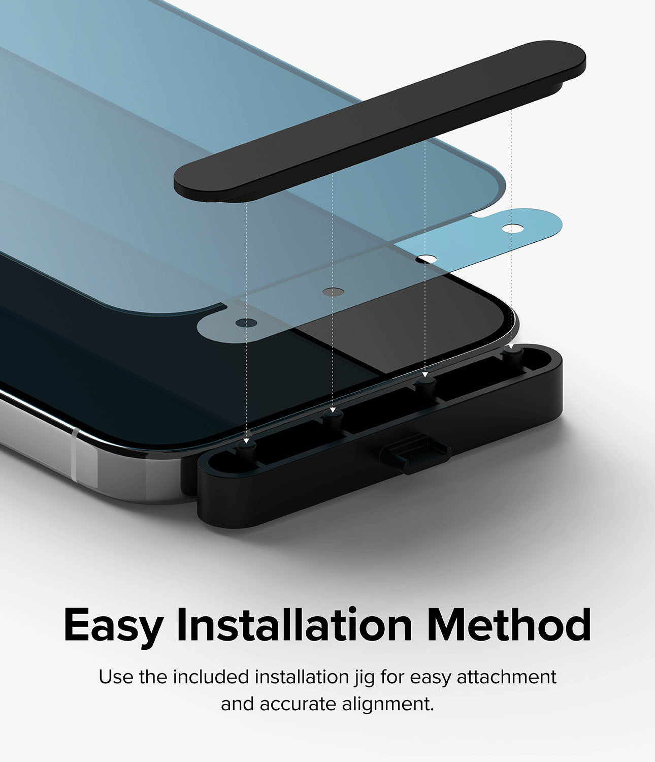iPhone 15 Pro Screen Protector | Privacy Glass- Easy Installation Method. Use the included installation jig for easy attachment and accurate alignment.