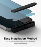 iPhone 15 Pro Screen Protector | Privacy Glass- Easy Installation Method. Use the included installation jig for easy attachment and accurate alignment.