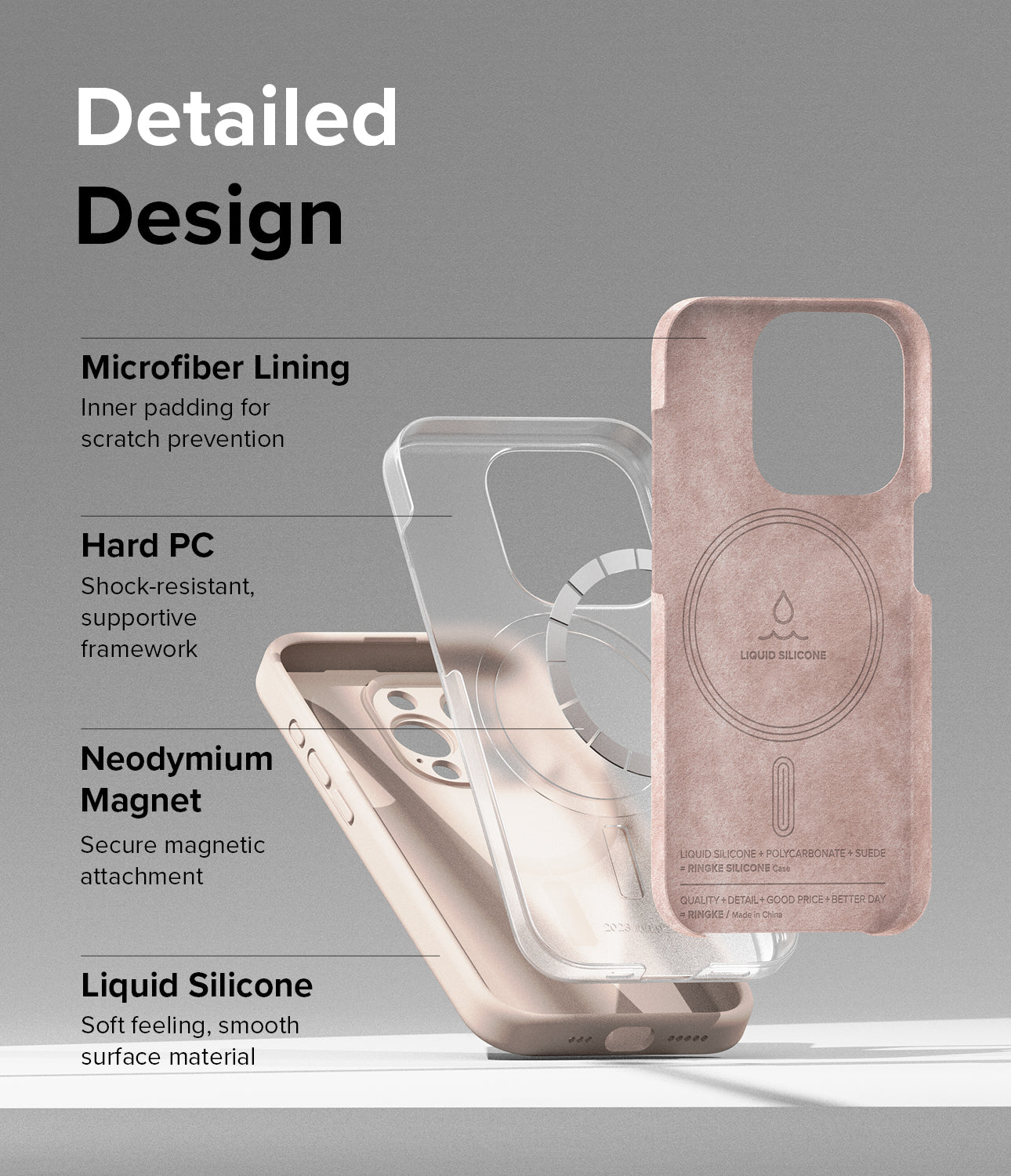 iPhone 15 Pro Case | Silicone Magnetic - Sand Pink - Detailed Design. Inner padding for scratch prevention with Microfiber Lining. Shock-resistant, supportive framework with Hard PC. Neodymium Magnet to secure magnetic attachment. Soft feeling, smooth surface Liquid Silicone.