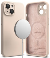 iPhone 15 Plus Case | Silicone Magnetic - Pink sand silicone case with magnetic charger and suede-lined interior.