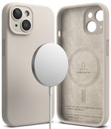 iPhone 15 Plus Case | Silicone Magnetic - Stone-colored silicone case with magnetic charger and suede interior.