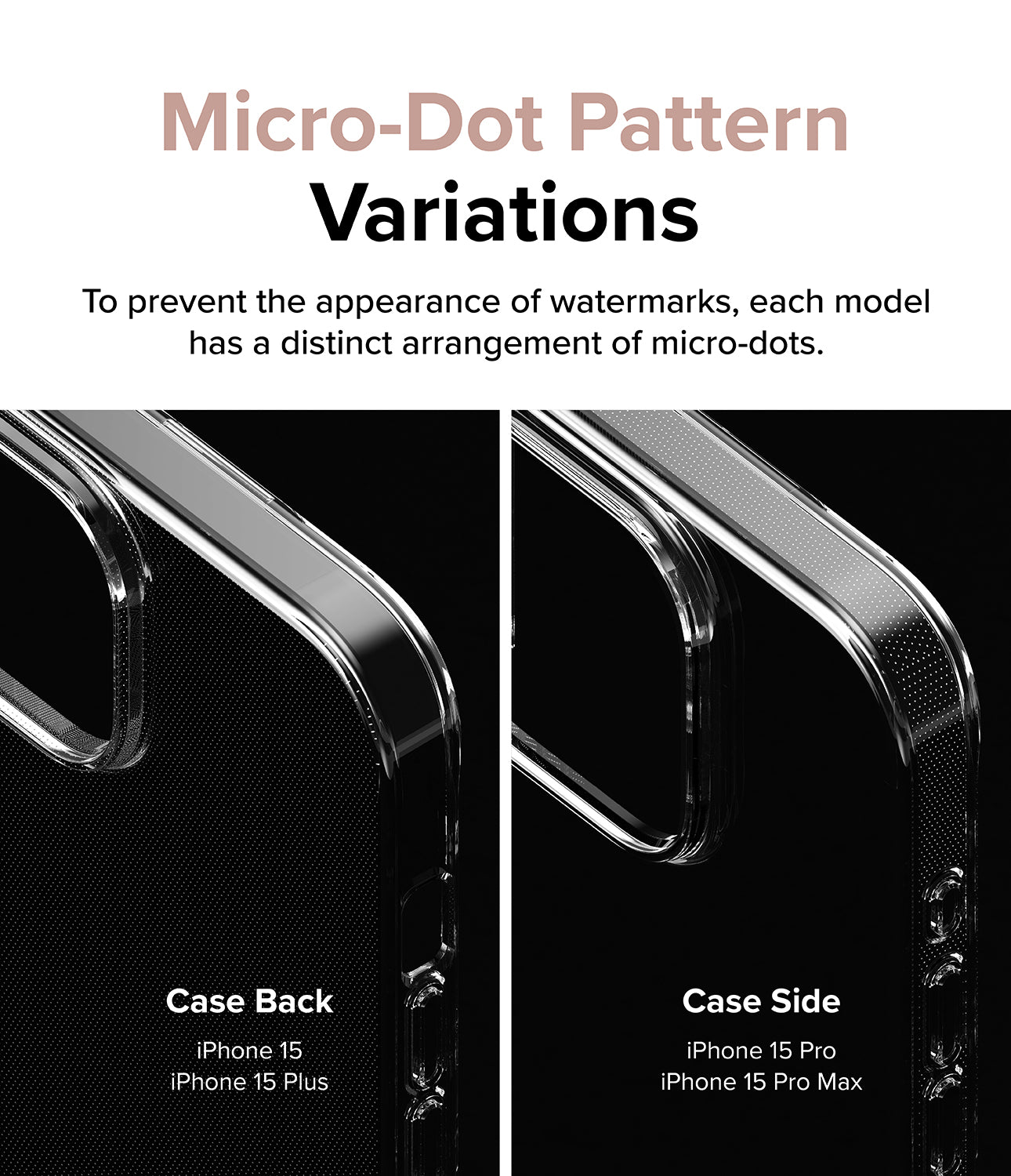 iPhone 15 Case | Air - Micro-Dot Pattern Variations. To prevent the appearance of watermarks, each model has a distinct arrangement of micro-dots.
