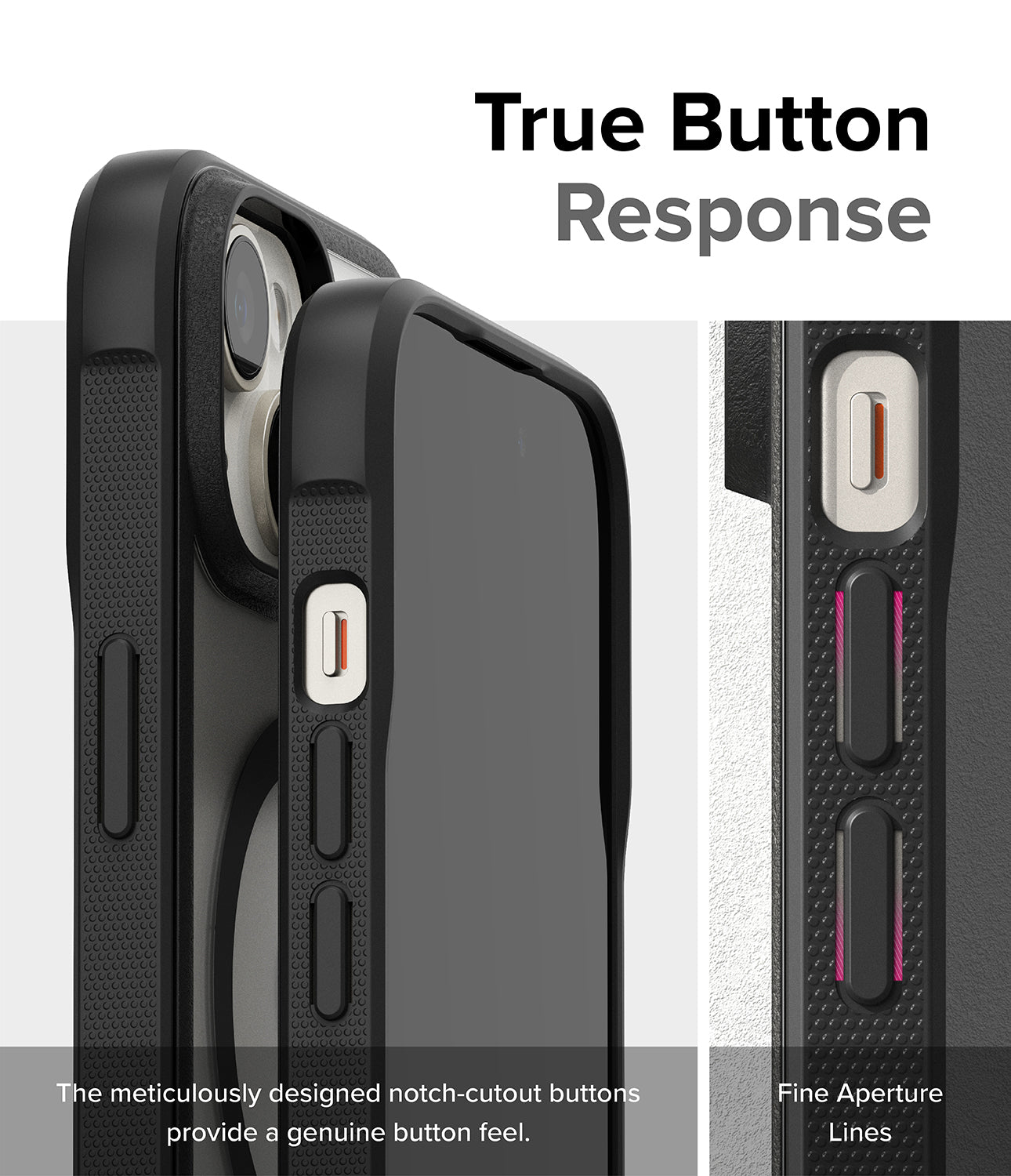 iPhone 15 Case | Fusion Bold Magnetic - True Button Response. The meticulously designed notch-cutout buttons provide a genuine button feel. Fine Aperture Lines.