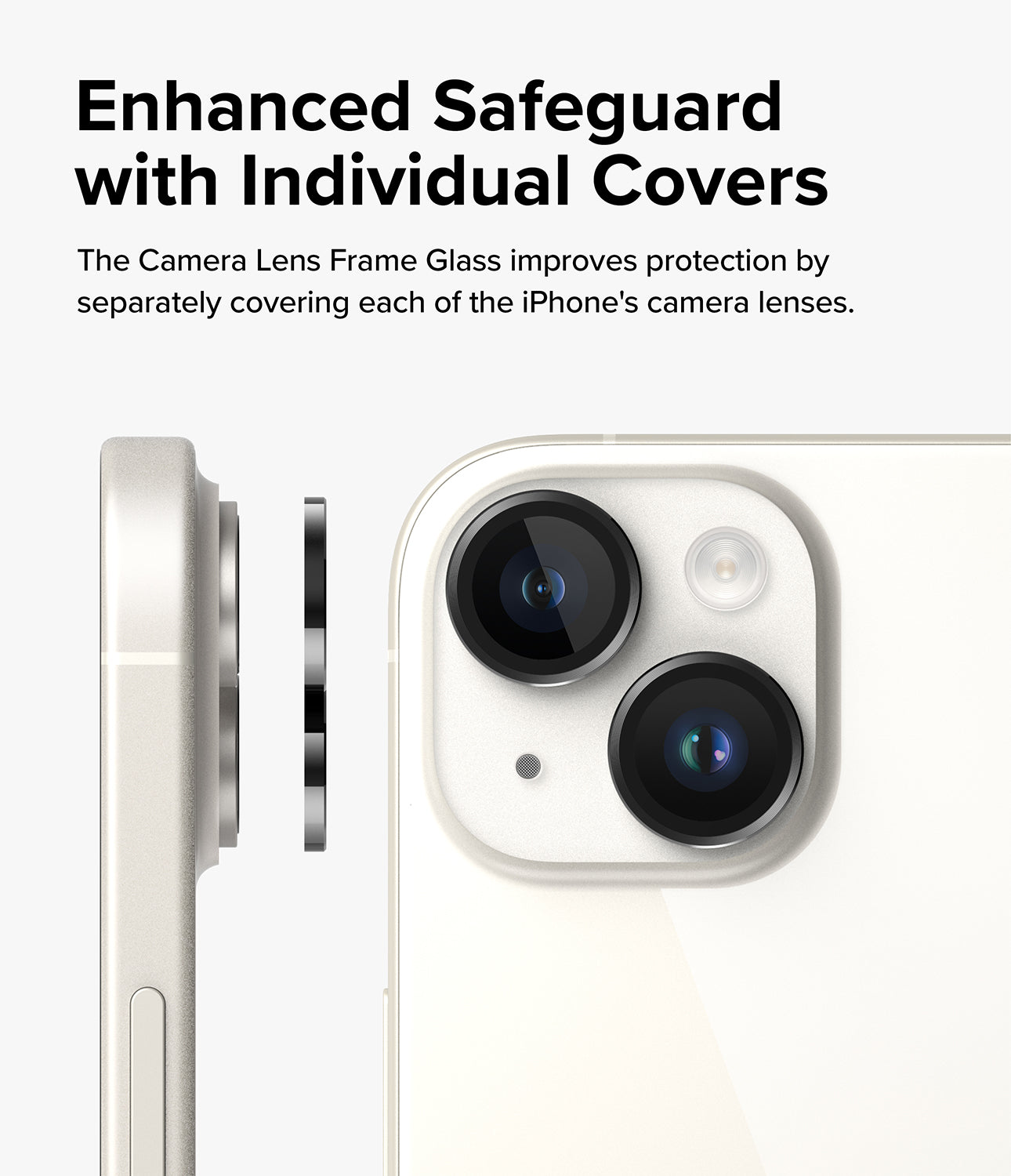 iPhone 15 Plus / 15 | Camera Lens Frame Glass - Enhanced Safeguard with Individual Covers. The Camera Lens Frame Glass improves protection by separately covering each of the iPhone's camera lenses.