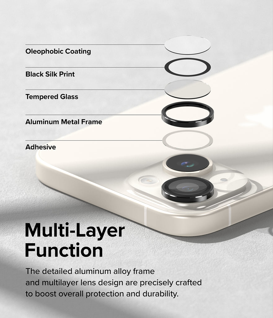 iPhone 15 Plus / 15 | Camera Lens Frame Glass - Multi-layer function. The detailed aluminum alloy frame and multilayer lens design are precisely crafted to boost overall protection and durability.