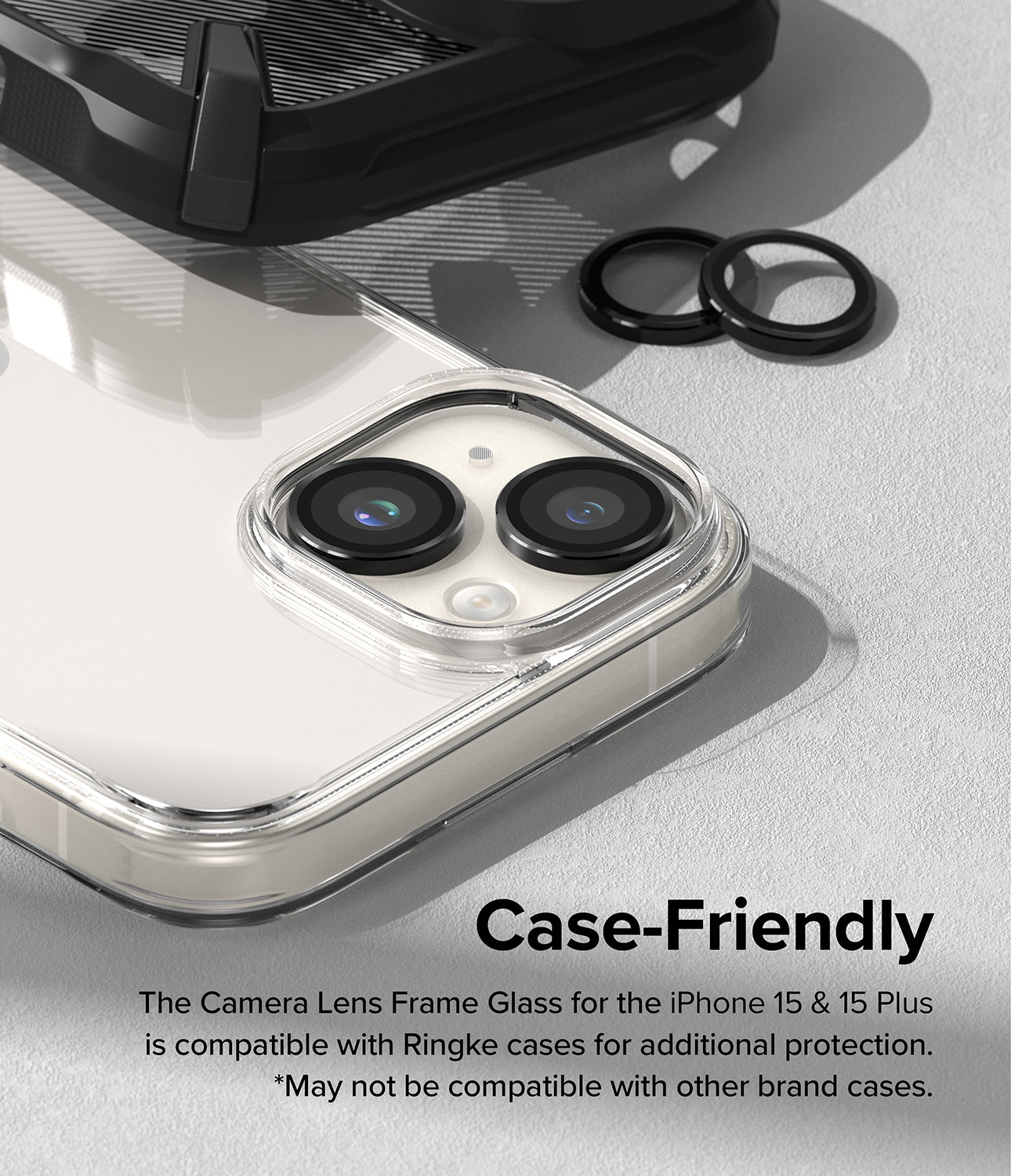 iPhone 15 Plus / iPhone 15 | Camera Lens Frame Glass - Case-Friendly. The Camera Lens Frame Glass for the iPhone 15 and 15 Plus is compatible with Ringke cases for additional protection. May not be compatible with other brand cases..