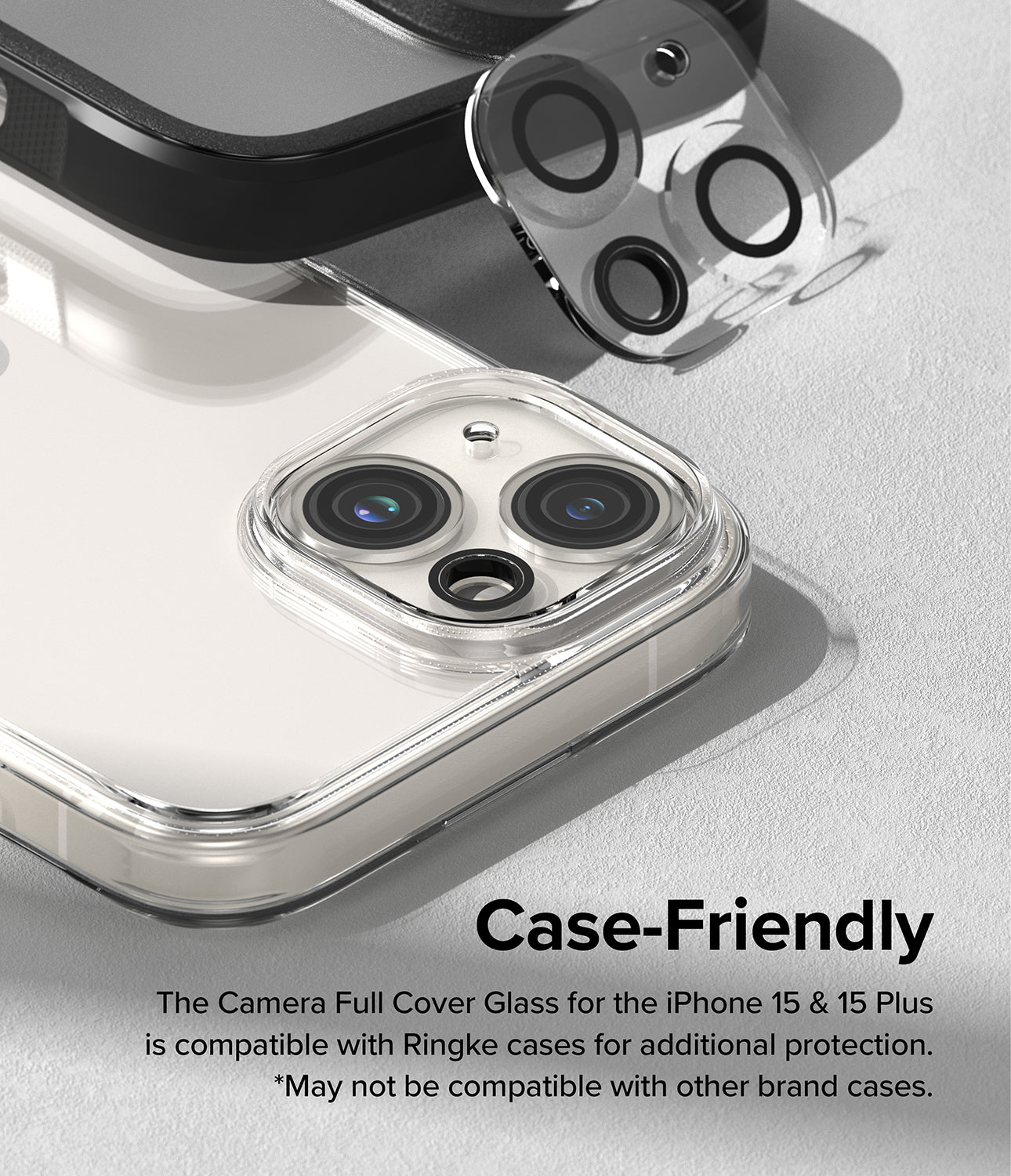 iPhone 15 Plus / 15 | Camera Protector Glass [2 Pack] - Case Friendly. The Camera Full Cover Glass for the iPhone 15 and 15 Plus is compatible with Ringke cases for additional protection. May not be compatible with other brand cases.