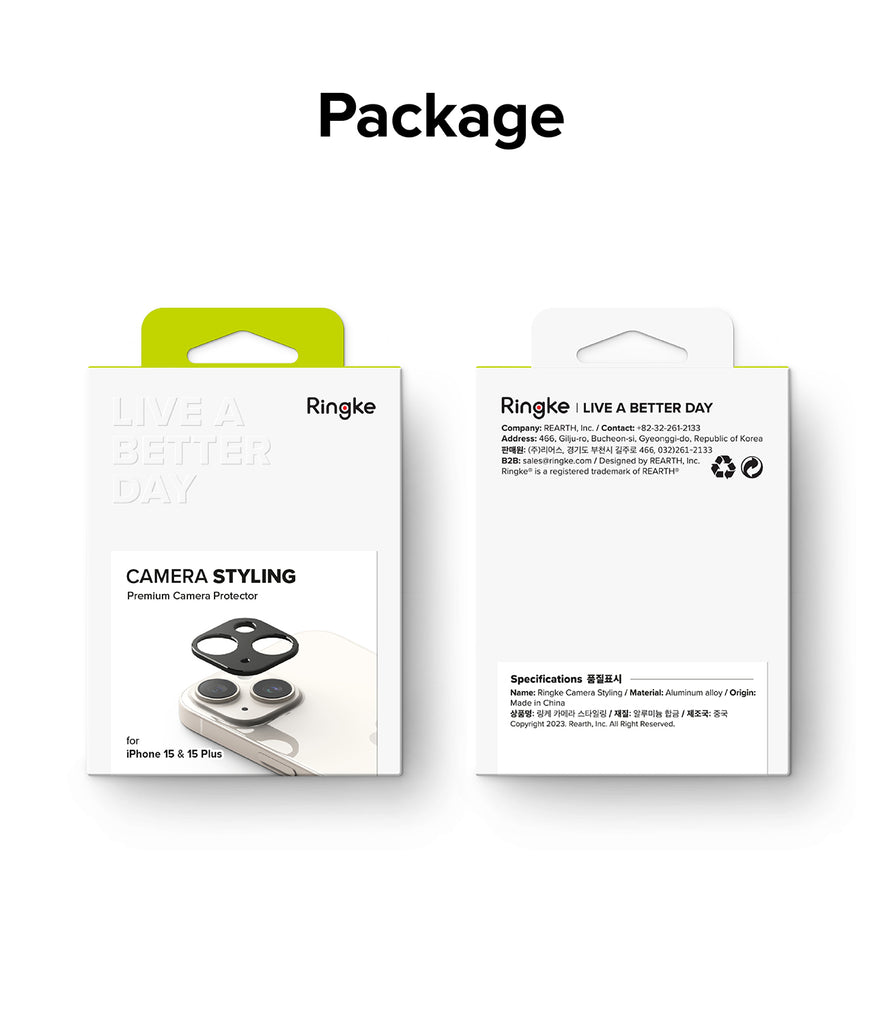 iPhone 15 Plus / iPhone 15 | Camera Styling - Black aluminum metallic cover. Package.