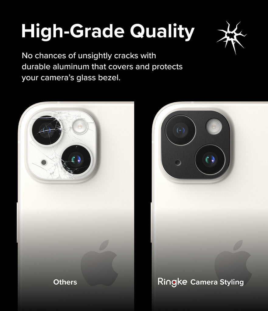 iPhone 15 Plus / iPhone 15 | Camera Styling - Black aluminum metallic cover. High-Grade Quality. No chances of unsightly cracks with durable aluminum that covers and protects your camera's glass bezel.