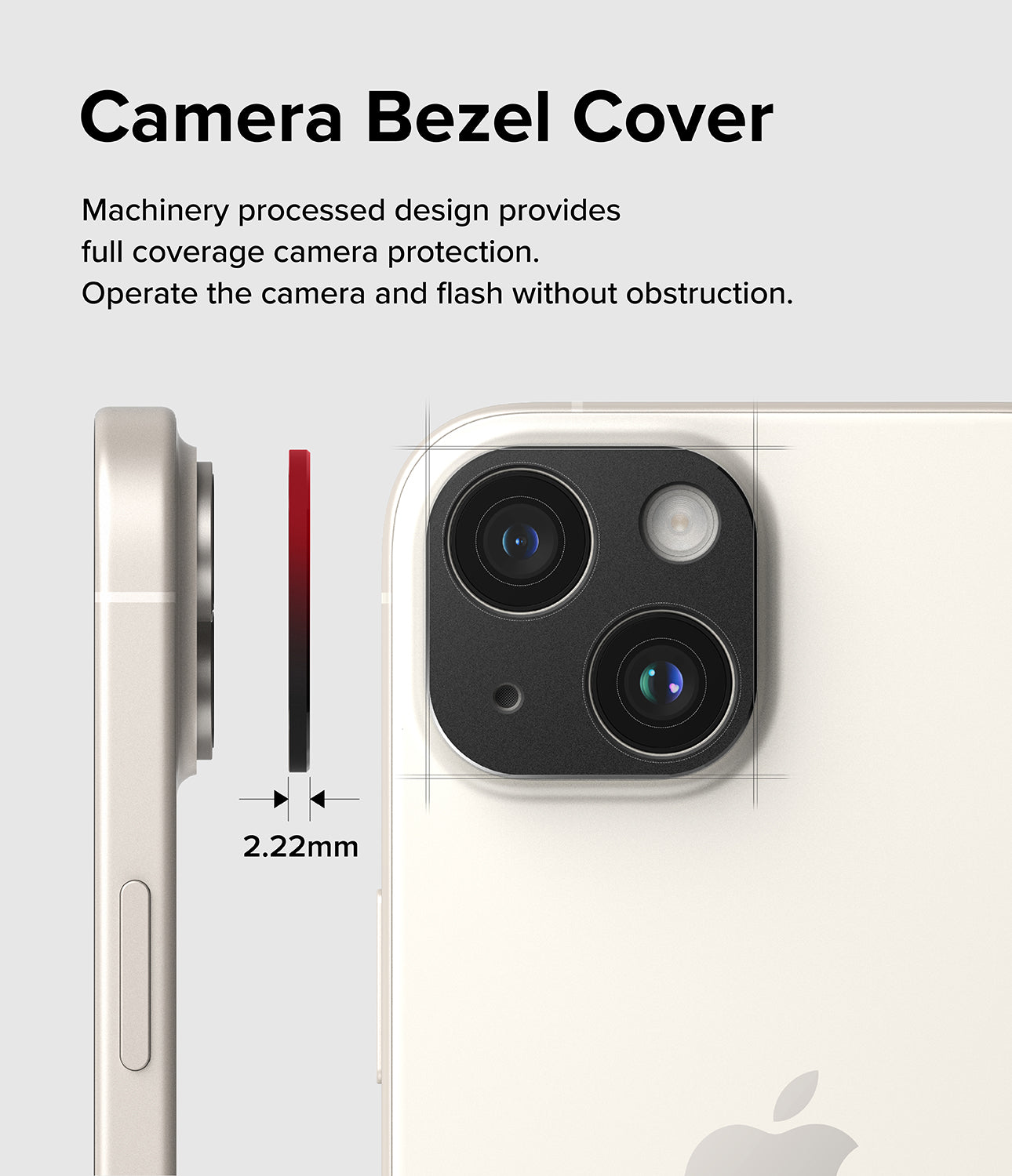 iPhone 15 Plus / iPhone 15 | Camera Styling - Black aluminum metallic cover. Camera Bezel Cover. Machinery processed design provides full coverage camera option. Operate the camera and flash without obstruction.