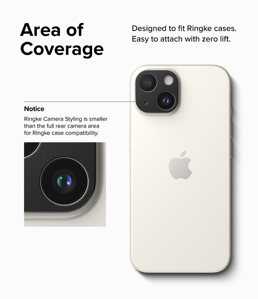 iPhone 15 Plus / iPhone 15 | Camera Styling - Black aluminum metallic cover - Area of Coverage. Designed to fit Ringke cases. Easy to attach with zero lift.