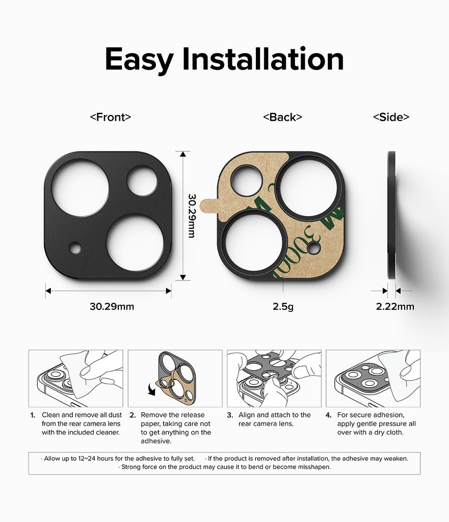 iPhone 15 Plus / iPhone 15 | Camera Styling - Black aluminum metallic cover - Easy Installation.