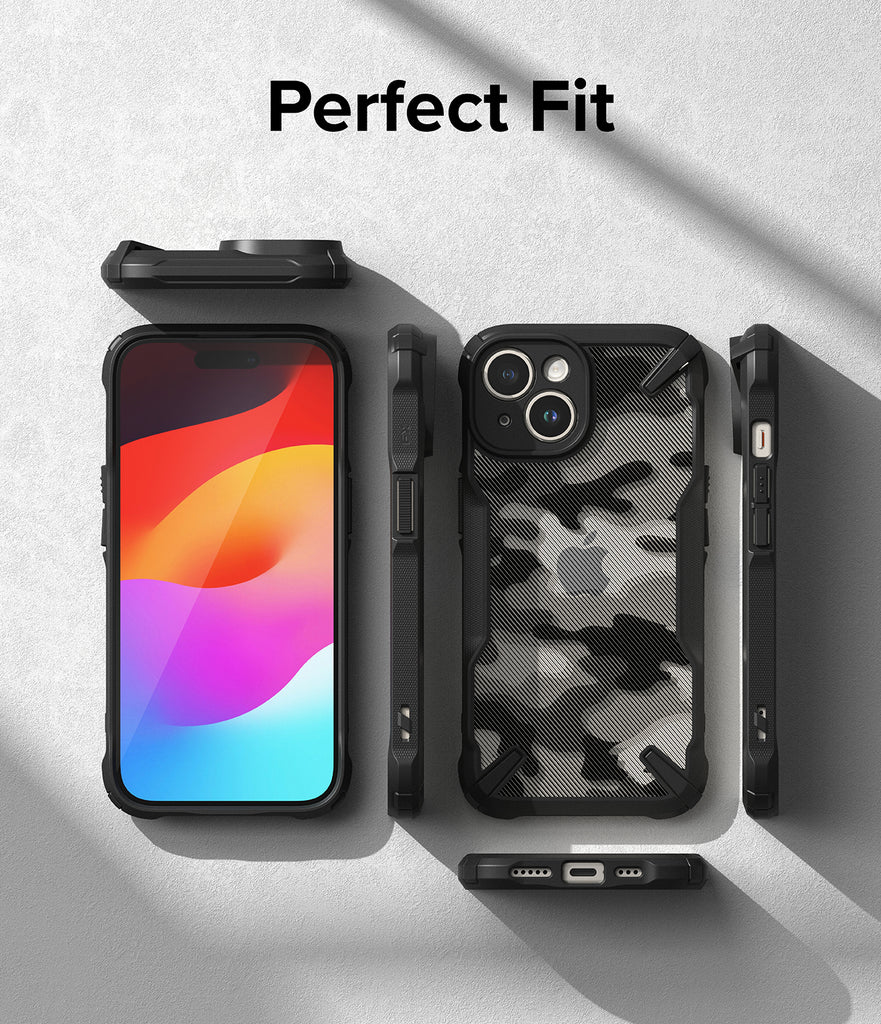 iPhone 15 Case | Fusion-X - Black / Camo Black. Detailed Design. Topmost Strap Hole. Hard PC. Anti-discoloration and impact-resistant. Soft TPU. Malleable and resilient for enhanced protection. Duo QuikCatch Lanyard Holes.