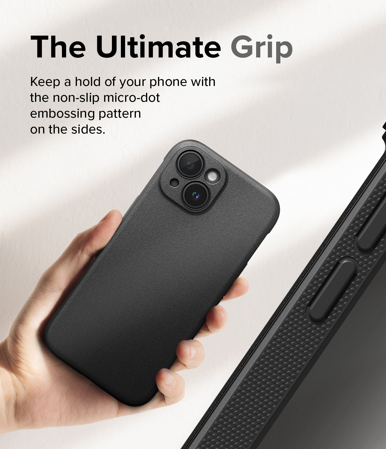 iPhone 15 Case | Onyx - Black / Dark Green. The ultimate grip. Keep a hold of your phone with the non-slip micro-dot embossing pattern on the sides.