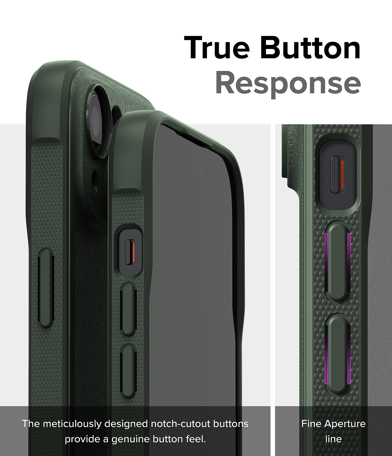 iPhone 15 Case | Onyx - Dark Green - True Button Response. The meticulously designed notch-cutout buttons provide a genuine button feel Fine Aperture Line.